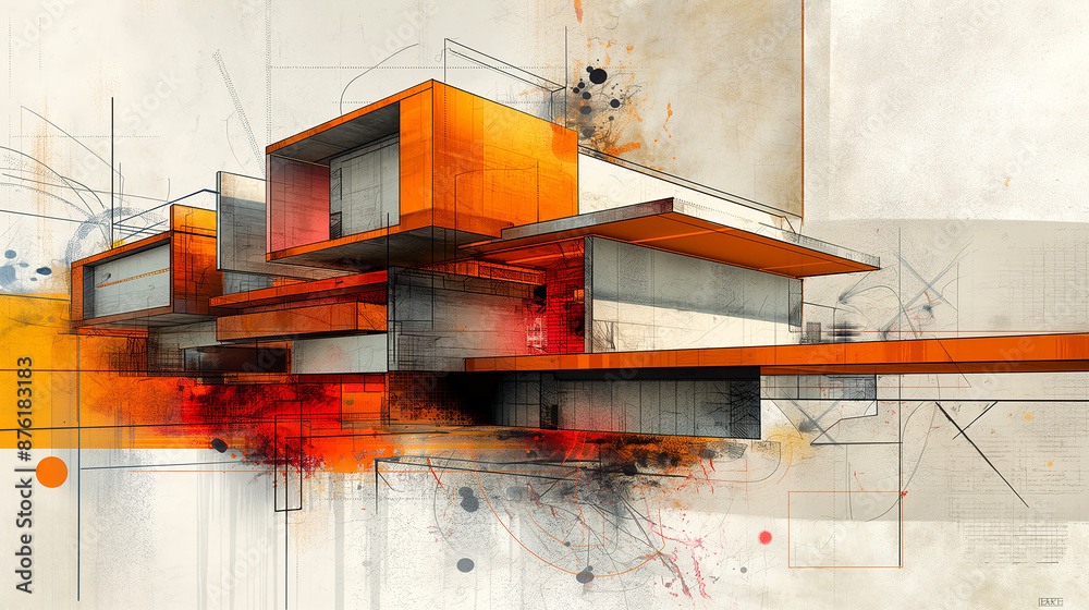 Poster modern orange building design concept with abstract sketch lines
