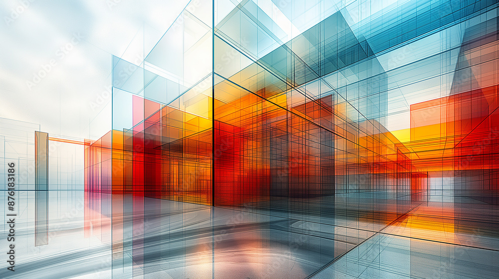 Poster modern abstract architecture featuring vibrant glass walls and open space