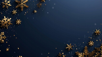 Fototapeta premium Golden snowflakes on a dark blue background, elegant and festive holiday theme, Christmas cards and banners with copy space