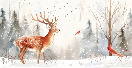 Winter scene featuring a majestic deer and a cardinal in a snowy forest, capturing the tranquil beauty of nature in winter