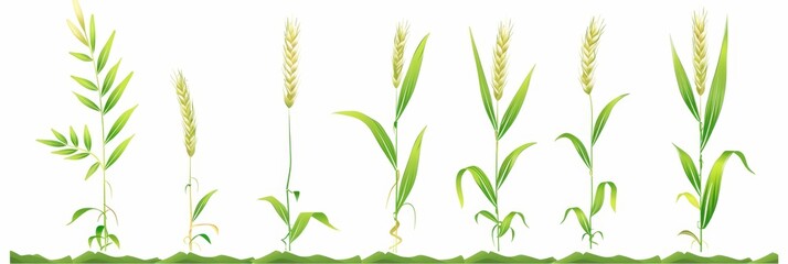 Barley plant icon, wheat symbol, rice pictogram, rye green stalk, oat plant logo on white background