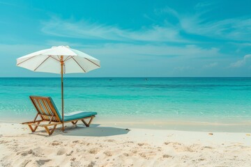 A sunny beach scene showcasing a blue and white umbrella paired with a matching lounge chair, set against a backdrop of clear blue water and gentle waves.