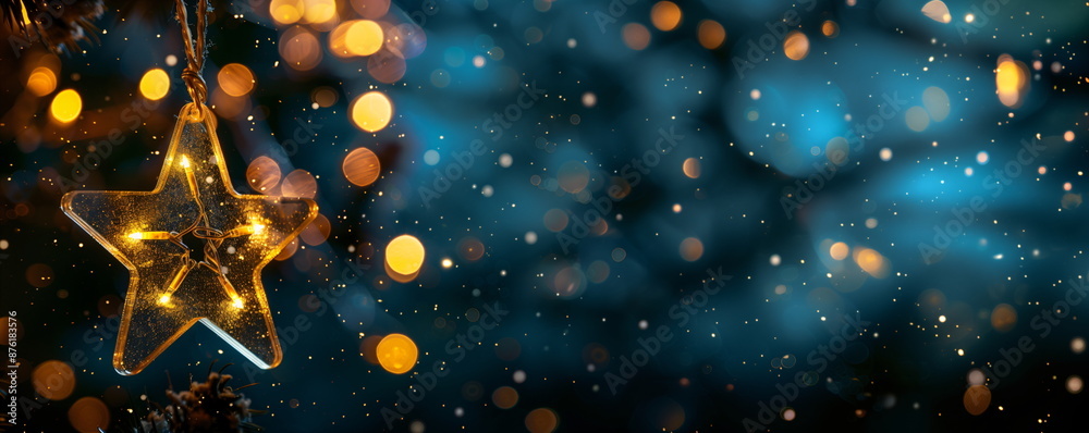 Wall mural star-shaped ornament with string lights and a bokeh background, banner or card with copy space