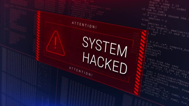 Cyber attack and security breach warning alert message Virus code software hack Hacking attack in Progress, Alert Message, System Breach Computer Virus, Hack, screen attack, cybersecurity, hack