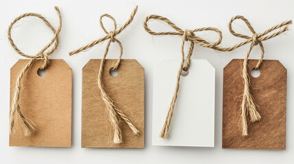 Four brown and white gift tags hanging on white background