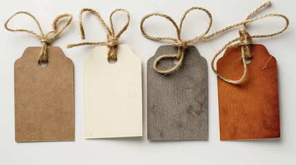 Four blank gift tags hanging from string on white background