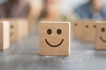 Wooden block with a smiley face stands out from the crowd of sad faced blocks