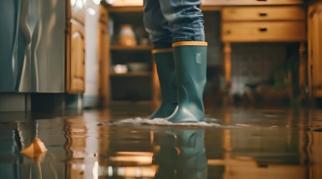 Close-up of a man's feet in rubber boots standing in Flooded Floor From Water Leak