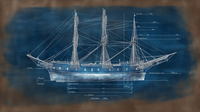Detailed diagram of a large sailing ship on blue background - Powered by Adobe