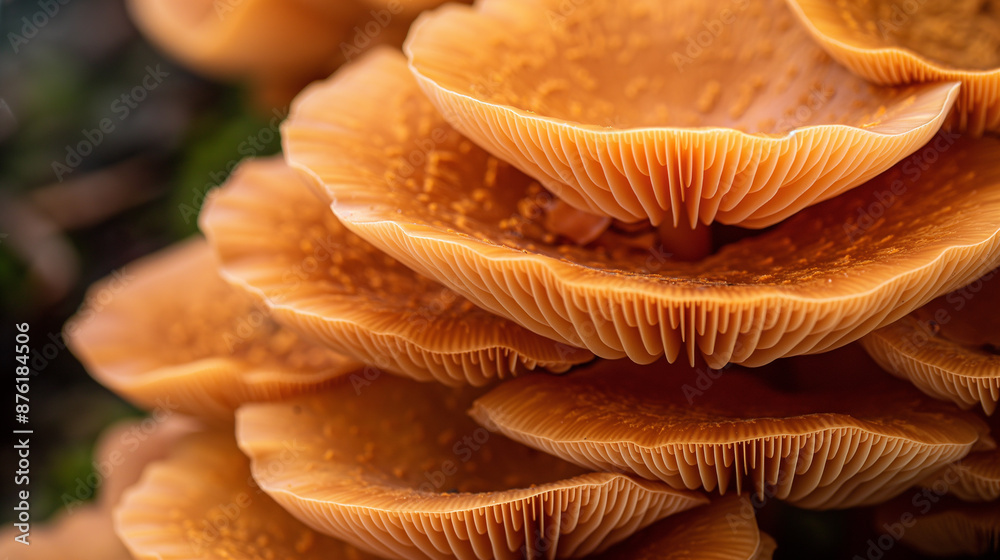 Poster orange mushrooms growing on a tree trunk in the forest
