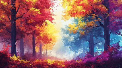 Beautiful autumn forest with colorful trees creating a tunnel of light