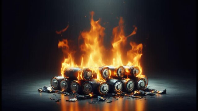 Lithium batteries on fire on dark background, Concept Lithium Battery Hazards, Explosion Risks, Thermal Runaway, Fire Safety, Burn Prevention