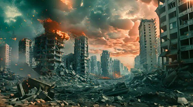 The ruins of a large city building are covered with smoke from the civil war and the city abandonment, concept of war