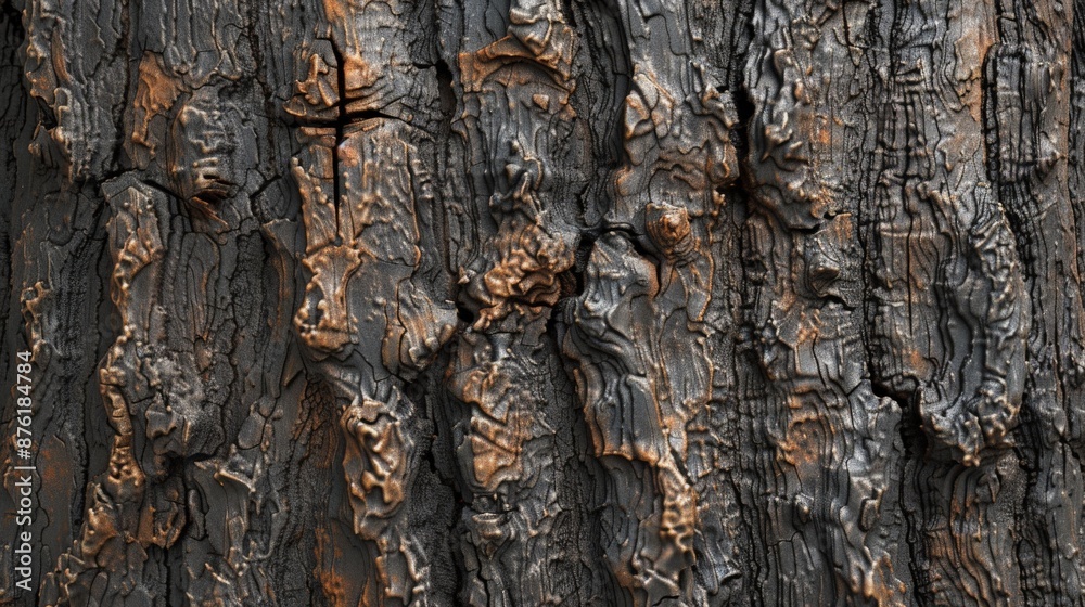 Poster This image shows a close-up of charred tree bark, revealing an intricate texture detail that highlights the rugged and burnt surface with natural complexity and depth.
