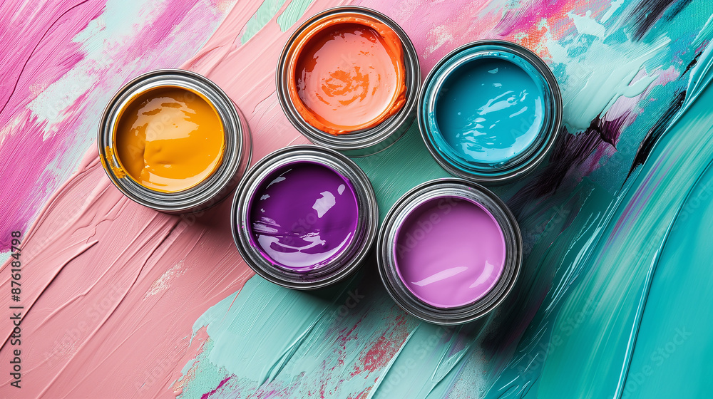 Poster open cans of colorful paint sitting on a multicolored painted surface