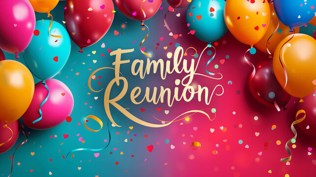 Family reunion celebration banner with colorful balloons and confetti