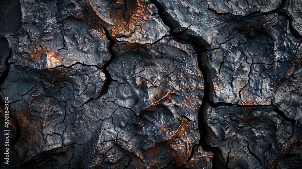Poster this close-up image displays blackened bark with a craggy, cracked surface, highlighting the intrica