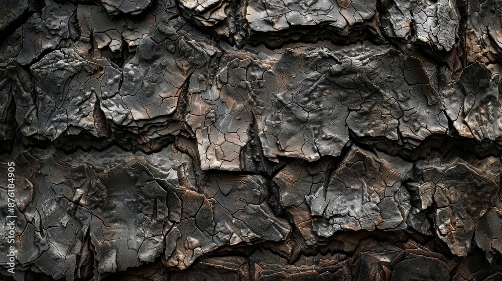 Poster This detailed image captures charred tree bark with unique patterns, showcasing intricate layers and deep textures that accentuate the natural and burnt characteristics of the bark.
