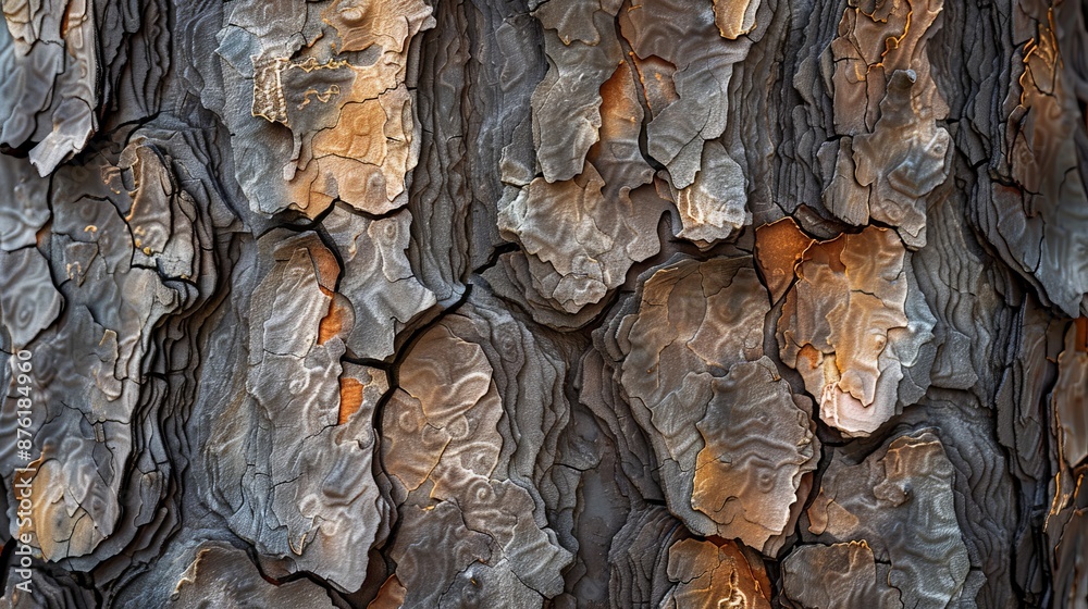 Poster This image presents a burnt bark texture with cracked patterns and varying colors, emphasizing the diverse and detailed surface of the bark, highlighting its natural and rustic appeal.