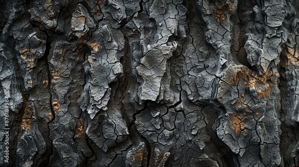 Poster This detailed image showcases burnt bark with a cracked texture and rugged look, emphasizing the deep and intricate patterns formed by burning, adding a natural and rustic charm.