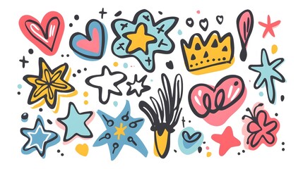 Collection of hand drawn colorful charcoal doodle shapes and squiggles in childish girly style Pencil drawings isolated on white Crown, stars, flower, heart collage elements