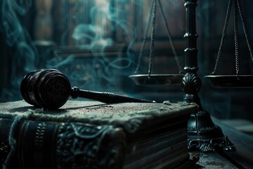 ornate gavel resting on weathered legal tome scales of justice in background dramatic lighting emphasizing gravity of law and order