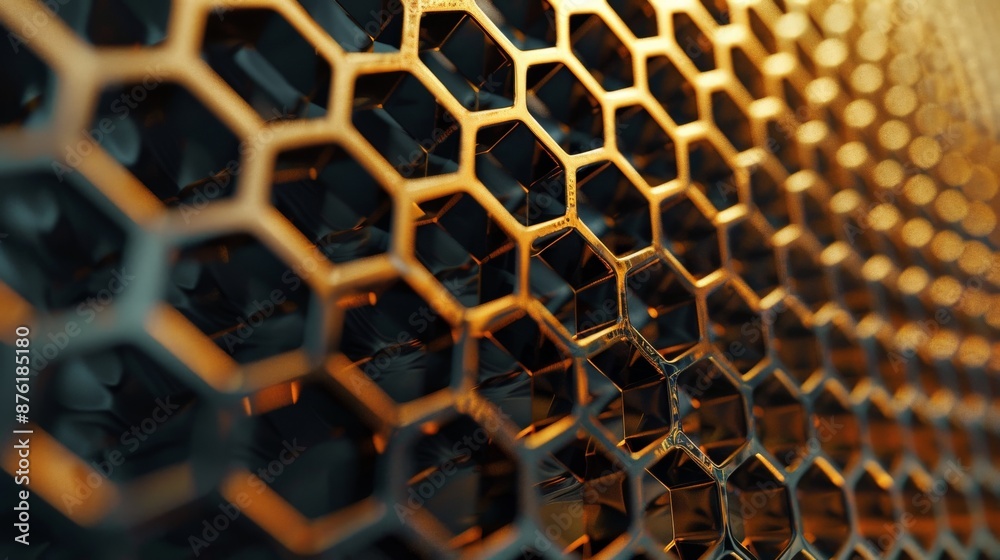 Poster The image features a close-up view of golden hexagonal patterns, creating a visually striking and aesthetically pleasing design, showcasing the beauty and elegance of geometric shapes.