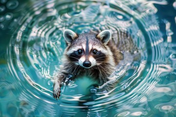 playful raccoon frolicking in a crystalclear pool creating ripples and splashes its masked face beaming with joy against the shimmering aqua water
