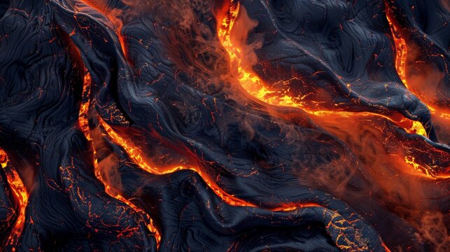 This image features high-contrast lava rivers flowing through a dark terrain, highlighting the bright, fiery orange hues against a backdrop of cooled, solidified rock.