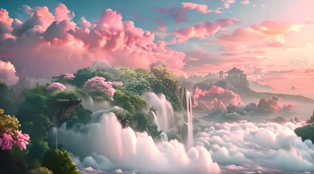 A beautiful paradise land full of flowers, sakura trees, rivers and waterfalls, a blooming and magical idyllic Eden garden