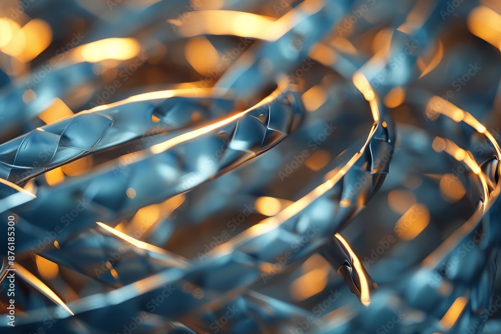 Leinwandbilder This image showcases a detailed view of a twisted, metallic helix structure with warm light illuminating parts of it, creating a dynamic blend of light and shadows.