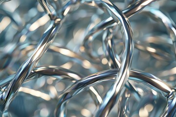 The image features a complex array of twisted, glowing metallic strands, intricately interwoven to form a captivating and dynamic abstract composition.