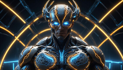 Silver AI with glowing blue eyes and yellow neon lights. AI generativ.