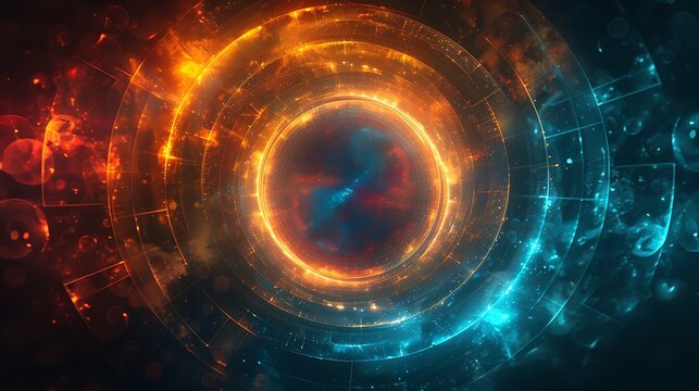 A geometric abstract background featuring intersecting circles and lines, vibrant color transitions from blue to green to yellow.