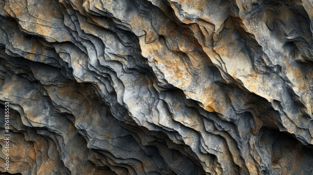 Poster Image reflecting a dark and textured layered rock formation, accented with hints of orange color, emphasizing rugged natural patterns and geological beauty.