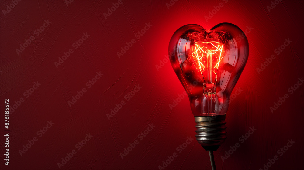 Poster red heart shaped lightbulb glowing on red background