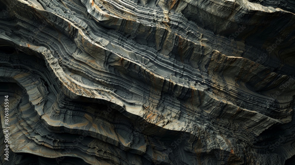Poster Image showing a dark ridged rock formation with intricate patterns, capturing the essence of natural geological activity and the rugged elegance of stones.