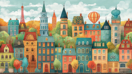 Naklejka premium Idyllic european cityscape with colorful buildings and hot air balloon floating above