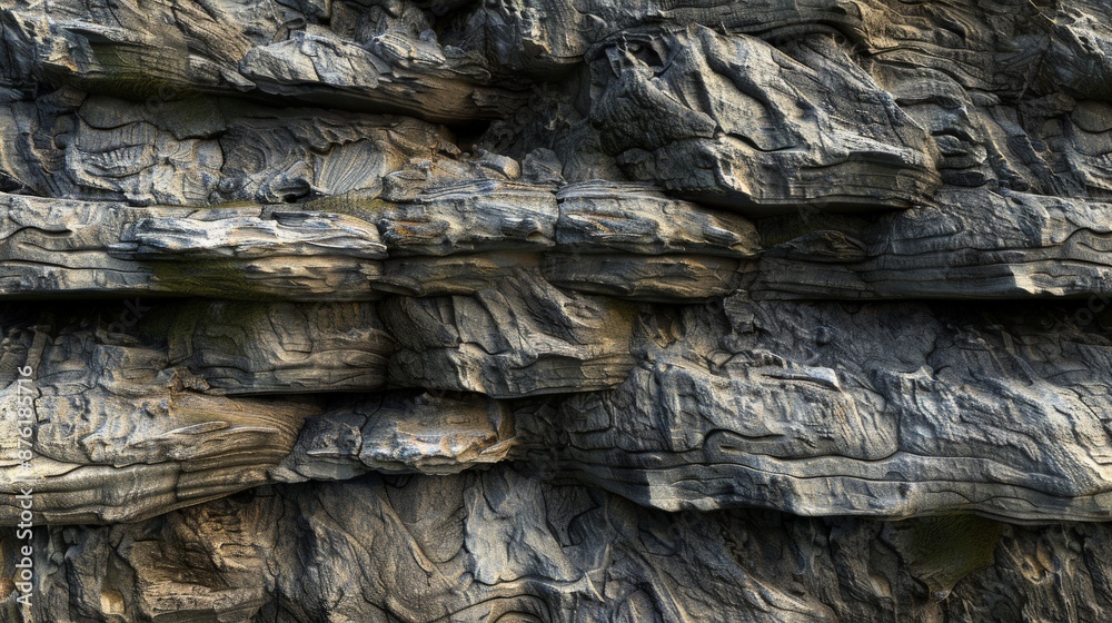 Poster A captivating image of a dark and intricate rock formation, showcasing rich textures and the natural complexity of geological processes through fascinating patterns.