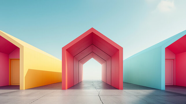 Colorful minimalist architecture tunnel leading to the light