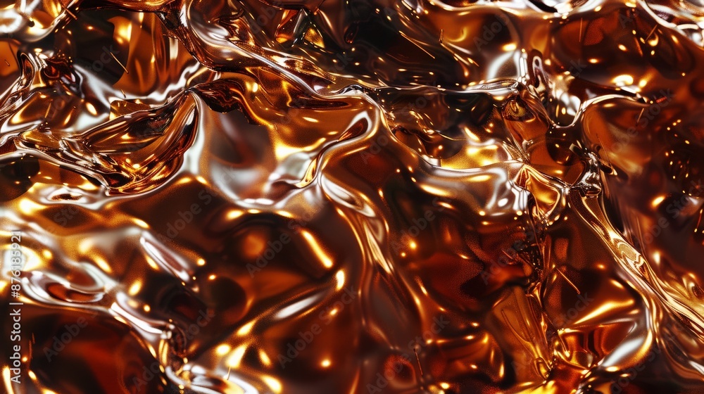 Poster a striking image of a molten metal surface characterized by luminous golden highlights and fluid, wa