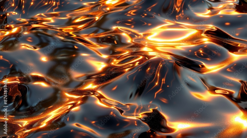 Poster An image showcasing glossy liquid metal waves adorned with reflective highlights, creating an illusion of movement and depth, enhanced by the interplay of light and shadow.