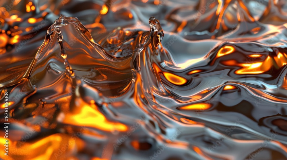 Poster a mesmerizing image depicting a reflective liquid metal surface with fiery accents, conveying an int