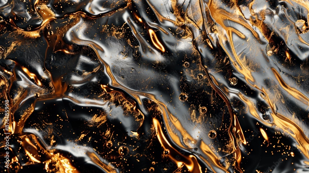 Poster an abstract image featuring black and gold liquid metal textures, merging to create a sensual, dynam