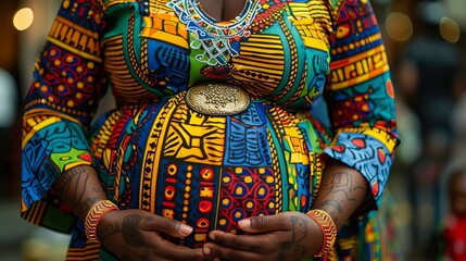 Woman in bright floral clothing holding her belly, concept: pregnancy and bearing a child