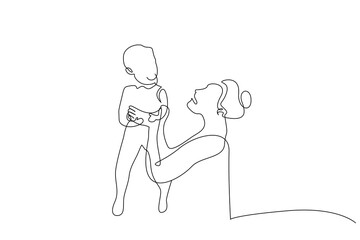 mother newborn child baby happy hold up life one line art design vector