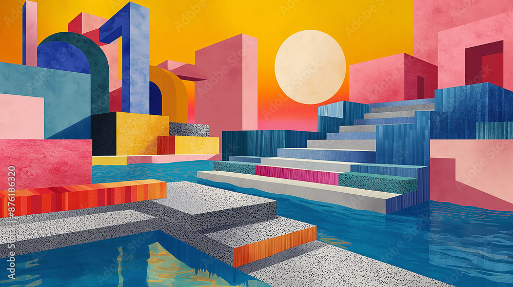 Poster modern abstract architecture reflecting in water at sunset