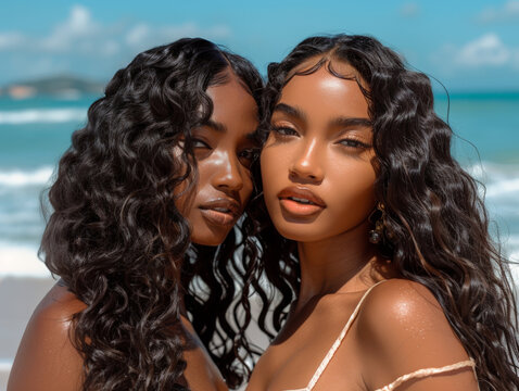 Stylish black women in long curly lace front wigs and beach attire with flawless makeup in a beach photoshoot setting.