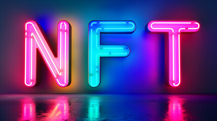 Neon sign of nft non fungible token is glowing on colorful wall