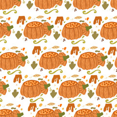 Vector orange falling pumpkins seamless repeat pattern background. Symbol of Halloween and Thanksgiving. Great for fall themed designs, invitation, fabric, packaging projects.